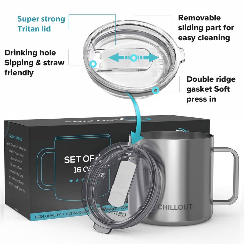 CHILLOUT LIFE Stainless Steel Vacuum Insulated Coffee Mug 16 oz (Set of 2) with Handle and Lid, Large Thermal Camping Coffee Mugs with Sliding Lid for Men & Women, Keeps Your Beverages Hot & Cold - Image 4